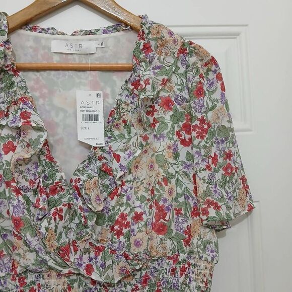 Astr womens large cropped green red smocked cross front ditsy Flora shirt top - Picture 3 of 8